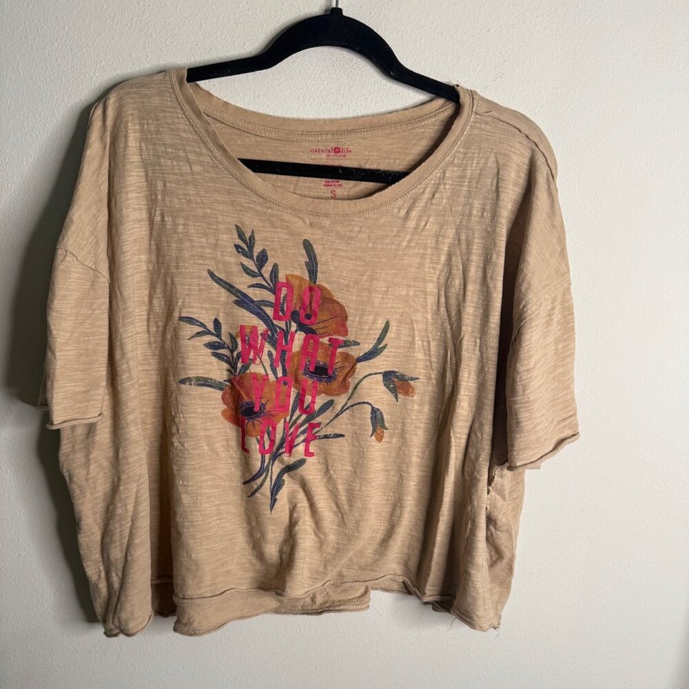 Natural Life Women's Beige Small Floral Do What You Love Oversized Graphic Tee